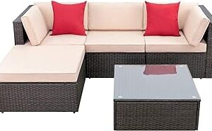 Devoko 5 Pieces Patio Furniture Sets All Weather Outdoor Sectional Patio Sofa Manual Weaving Wicker Rattan Patio Seating Sofas with Cushion and Glass Table(Beige)