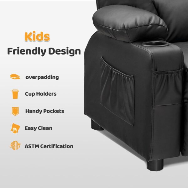 MCombo Big Kids Recliner for Ages 3+, Child Recliner Chair, Toddlers Recliner Sofa with Cup Holders, Faux Leather, 7322(Black) - Image 4