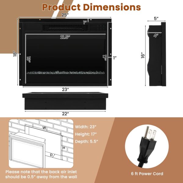 GOFLAME 23 Inch Electric Fireplace Insert, Recessed Quartz Fireplace Heater with 6 Flame Modes & 5 Brightness, Breathable Design, Remote Control, 8H Timer, Overheat Protection, 1500W - Image 7