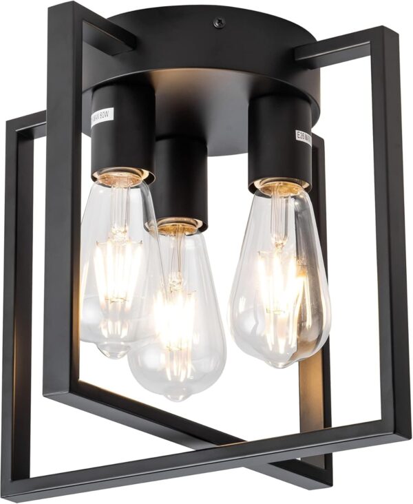 3-Light Ceiling Light Fixture, Semi-Flush Mount Light with Contemporary Geometric Metal Cage, Farmhouse Industrial Lighting for Kitchen Living Room Bedroom Hallway Foyer, E26 Black - Image 2