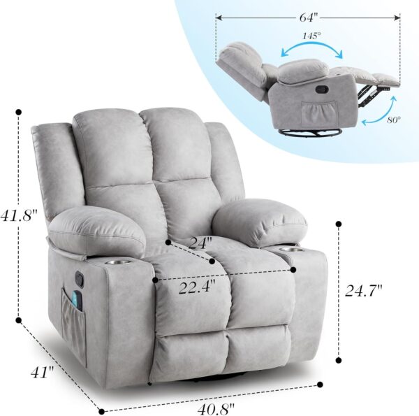 Jocisland Oversized Rocker Recliner Chair with Massage for Living Room, Overstuffed 360° Swivel Single Sofa with Detachable Cup Holders, Home Theater Seating, Light Grey - Image 2