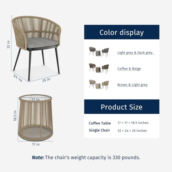 EAST OAK Breezeway 3-Piece Patio Bistro Set, Patio Chairs Bistro Set with 2 Wide Ergonomic Chairs, Cushions & Glass Top Side Table, Outdoor All-Weather Wicker Furniture for Balcony, Brown & Grey - Image 6