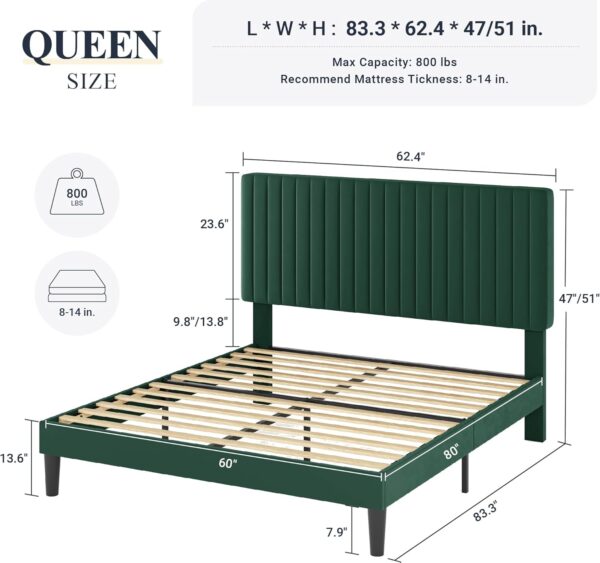 Allewie Queen Bed Frame, Velvet Upholstered Platform Bed with Adjustable Vertical Channel Tufted Headboard, Mattress Foundation with Strong Wooden Slats, Box Spring Optional, Easy Assembly, Green - Image 2