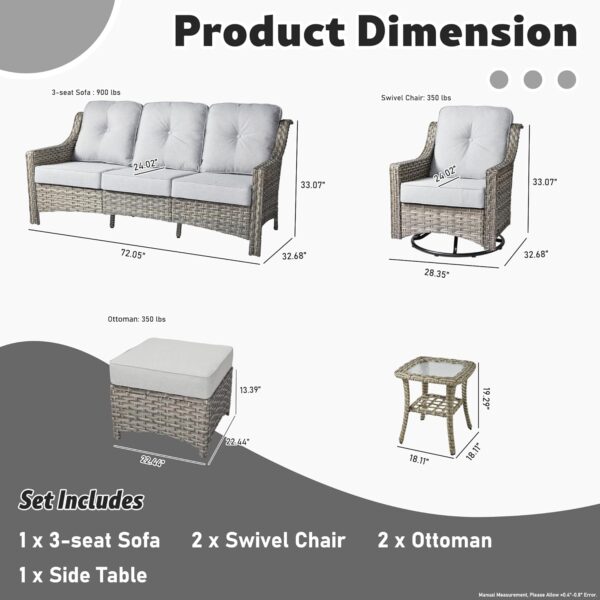 ovios 6 Piece Outdoor Patio Furniture with Cozy Comfortable Swivel Chair,Rattan Wicker Coversation Couch Set with 3 Seater Sofa,Sectional Set for Outside Patio Balcony Backyard Pool,Light Grey - Image 7