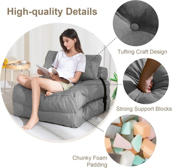 YOSHOOT Folding Couch Sofa Bed, Convertible Sleeper Chairs with Back Support, Foldable Couch Futon Mattress with Pillow, Portable Fold Out Chair Bed Floor Mattress Floor Couch for Living Room - Image 3
