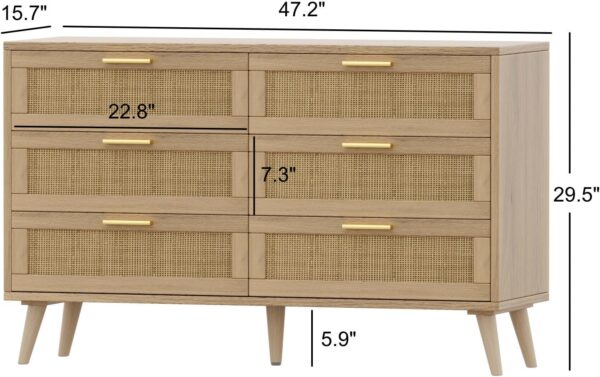 Rovaurx 6 Drawer Double Dresser for Bedroom, Rattan Chest of Dressers, Modern Wooden Dresser Chest with Golden Handles, Beside Table for Closet, Living Room and Entryway, Natural RDG001M - Image 2