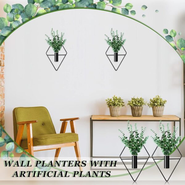 Jexine 2 Pcs Hanging Planters with Artificial Plants Metal Hanging Vase Indoor Plants Holder Modern Geometric Boho Wall Decor for Living Room Home Office(Black, Eucalyptus) - Image 4