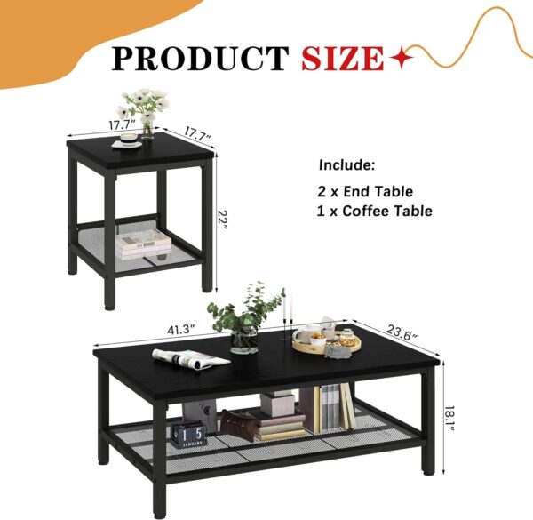 Lamerge 3 Pieces Living Room Table Set, Industrial Coffee Table with 2 Square End Side Tables, Coffee Table Set with Metal Frame for Apartment Home Office, Black - Image 7
