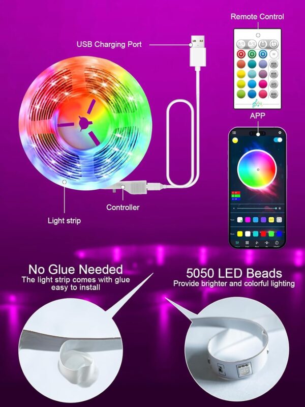 GIPOYENT LED Lights for TV, 16.4FT TV LED Backlight, for 45-75 Inch TV, Music Sync TV LED Light with Bluetooth Function - RGB Color Changing Light Strip for Bedroom (16.4ft) - Image 6