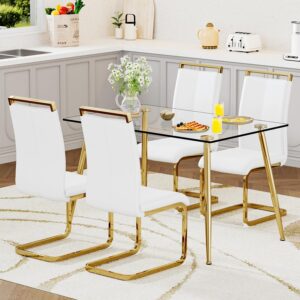 Ebullient Glass Dining Table Set for 4,5 Piece Dining Table and Chairs Set，Modern Kitchen Dining Room Table with 4 White PU Leather Dining Chairs,0.31” Tempered Glass Table Top with Gold Metal Legs