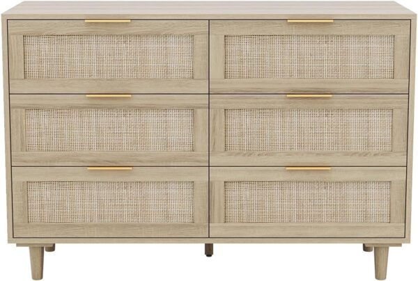 Angel Sar Rattan Dresser for Bedroom, 6 Drawer Wide Dresser, Boho&Farmhouse Chest of Drawers, 43" Clothes Storage Cabinet, Metal Handle&Wood Legs for Hallway, Living Room, Bedroom, Wood - Image 6