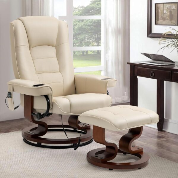 AVAWING Reclining Chair with Vibration Massage Faux Leather Recliner with Ottoman Swivel Wood Recliner Chairs for Living Room, Beige - Image 7