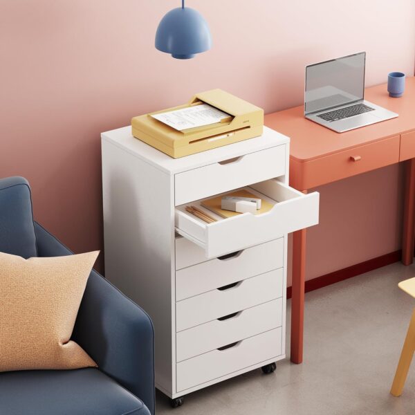 DEVAISE 7-Drawer Chest, Wood Storage Dresser File Cabinet with Wheels, White - Image 2