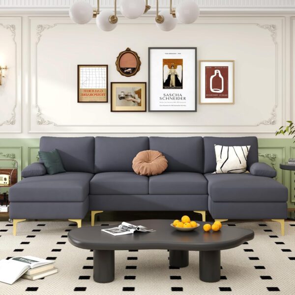Modular Sectional Sofa Couch for Living Room, U Shaped Convertible Lounge Sofa with Loveseat & Double Chaise, 4 Seater Comfy Fabric Couch Set for Home Office (Gray) - Image 6