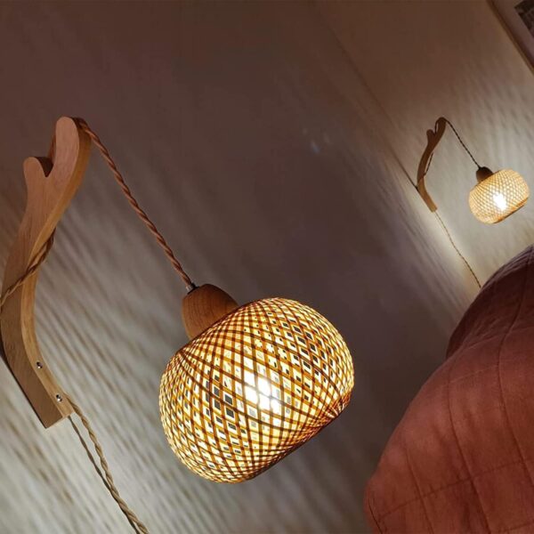 Frideko Bamboo Lantern Plug in Wall Sconces Wicker Wall Lamp with Plug in Cord Hand Woven Rattan Wall Light Farmhouse Rustic Wall Sconces Boho Sconces Wall Lighting for Living Room Bedroom - Image 3