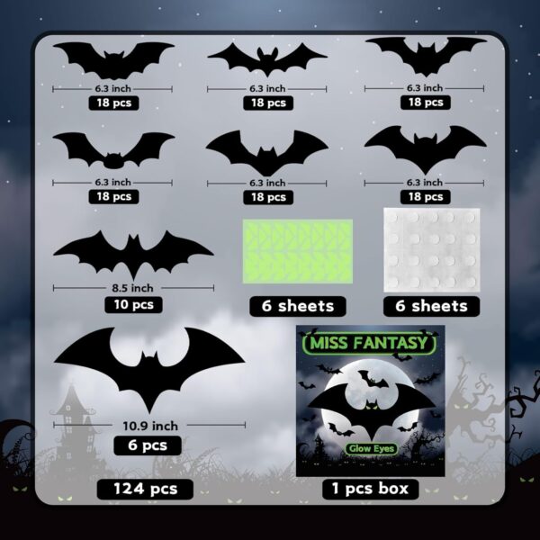 Halloween Decorations - Bats Wall Decor Halloween Decorations Indoor Halloween Party Decorations Halloween Decor 3D Bats for Home Room Bathroom Wall Outdoor 124 Pcs Glow Eyes Bats Gothic Decor - Image 3