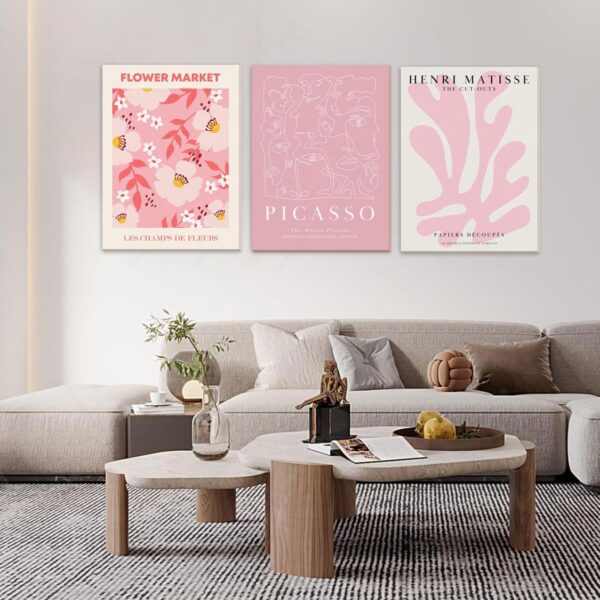 Djmwtb Matisse Picasso Abstract Canvas Wall Art Framed Set of 3 Pink Flower Market Poster Prints Aesthetic Pictures Modern Minimalist Wall Decor Painting for Living Room Bedroom Bathroom 12"x16"x3 - Image 2