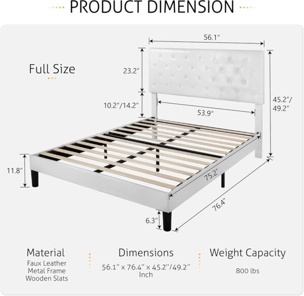 SHA CERLIN Full Size Bed Frame with Button Tufted Headboard, Faux Leather Upholstered Mattress Foundation, Platform Bed Frame, Wooden Slat Support, No Box Spring Needed, White - Image 2