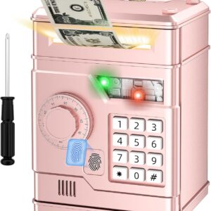 Piggy Bank, Automatic Electronic Piggy Bank for Kids Boys Girls with Password and Fingerprint Unlocking Simulation, Money Bank Kids Safe Toys for 3 4 5 6 7 8 9 10 Year Old Boy Girl (Rose Gold)