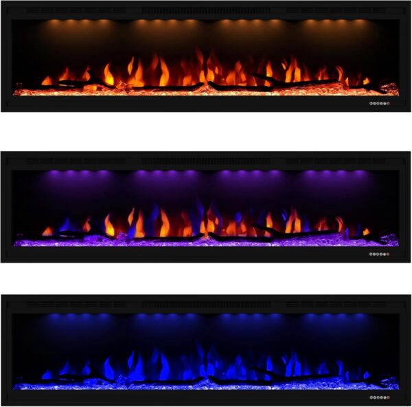 Luxurious 60" Electric Fireplace, Wall Mounted&in Wall Recessed Fireplace Heater, Adjustable Flame Color & Top Light, Remote&Touch Control with Timer&Thermostat, Log & Crystal Set - Image 2