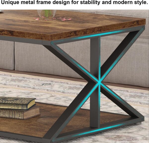 Coffee Table with Storage, Farmhouse Living Room Table, Modern Minimalist Rectangle Center Table, Industrial Vintage Wood Tea Table, 47 Inch, Rustic Brown - Image 4