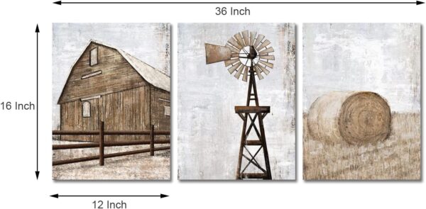HOMEOART Farmhouse Wall Art Rustic Barn Windmill Cornfield Pictures Countryside Rural Landscape Painting Canvas Artwork Stretched and Framed Ready to Hang Home Decor 12"x16"x3 Pieces - Image 5