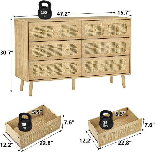 Rattan 6 Drawer Dresser for Bedroom, Wood Boho Double Chest of Drawers with Storage and Gold Handle, Modern Natural Rattan Dresser for Living Room, Hallway, Entryway - Image 2