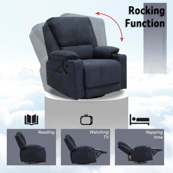 Swivel Glider Recliner Chair for Adults,Manual Recliner with Massage and Heat, Linen Cotton Fabric Ergonomic Lounge Chair with Cup Holder for Living Room, Bedroom, Nursery, Navy Blue - Image 4