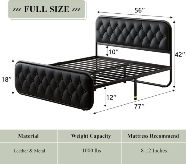 Feonase Full Size Bed Frame, Heavy Duty Bed Frame with Faux Leather Headboard, Upholstered Platform Bed with Strong Metal Slats, 12" Under-Bed Storage, Noise-Free, Easy Assembly, Black - Image 8