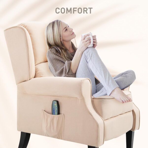HOMCOM Vibration Massage Recliner Chair for Living Room with Heat, Wingback Single Sofa, Modern Suede Fabric Push Back Reclining Chair with Footrest, Side Pocket, Beige - Image 7