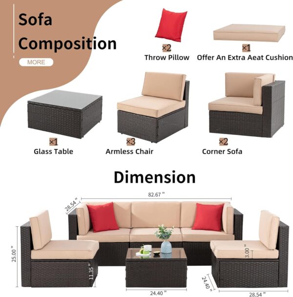 Shintenchi 6 Pieces Patio Furniture Sets Outdoor All-Weather Sectional Patio Sofa Set PE Rattan Manual Weaving Wicker Patio Conversation Set with Glass Table&Ottoman Cushion and Red Pillows, Neutral - Image 6