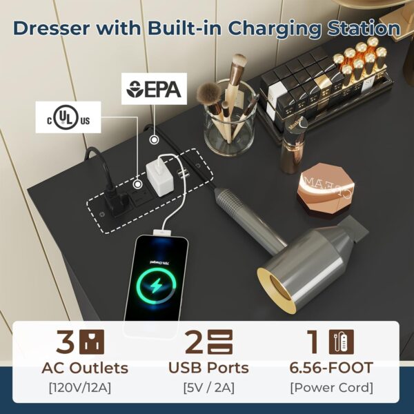DICTAC Black Bedroom Dresser with 10 Drawers, Large Chest of Drawers Storage Organizer, Long Dresser TV Stand with Power Outlets, Wide Dresser for Bedroom, Living Room (55.1" W x 32.3" H x 15.8" D) - Image 4