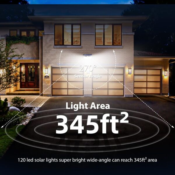HMCITY Solar Lights Outdoor, 120 LEDs Motion Sensor Lights, 270° Wide Solar Wall Lights, Ip65 Waterproof Spot Lights with 3 Lighting Modes(6 Pack) - Image 6