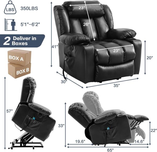 Power Lift Recliner Chair for Elderly, Electric Recliner Chairs for Adults with Massage and Heat, Remote Control, Cup Holders, USB Ports, Side Pockets, Leather (Black) - Image 2