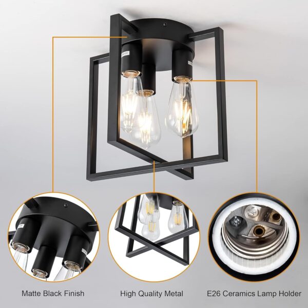 3-Light Ceiling Light Fixture, Semi-Flush Mount Light with Contemporary Geometric Metal Cage, Farmhouse Industrial Lighting for Kitchen Living Room Bedroom Hallway Foyer, E26 Black - Image 7