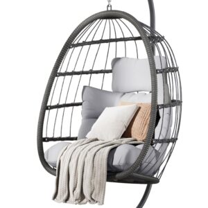 HWB Hanging Egg Chair with Stand, Patio Wicker Egg Swing Chair with Cushion for Bedroom Garden Indoor Outdoor (Grey)