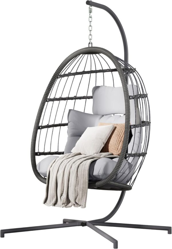 HWB Hanging Egg Chair with Stand, Patio Wicker Egg Swing Chair with Cushion for Bedroom Garden Indoor Outdoor (Grey)