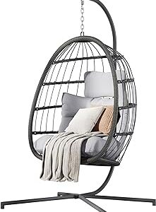 HWB Hanging Egg Chair with Stand, Patio Wicker Egg Swing Chair with Cushion for Bedroom Garden Indoor Outdoor (Grey)