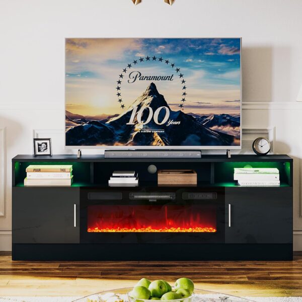 oneinmil Fireplace TV Stand with 36” Electric Fireplace, 70” Fireplace Entertainment Center LED Lights, 2 Tier TV Console for TVs Up to 80", Black - Image 7