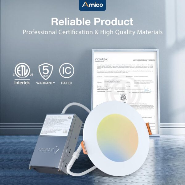 Amico 24 Pack 4 Inch 5CCT Ultra-Thin LED Recessed Ceiling Light with Junction Box, 2700K/3000K/3500K/4000K/5000K Selectable, 10W Eqv 60W, Dimmable Can Light, 800LM High Brightness Downlight - ETL&FCC - Image 7