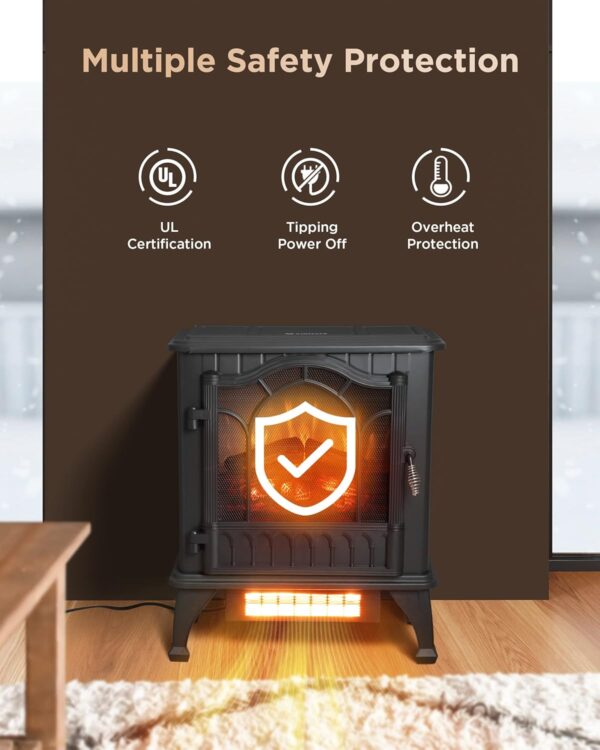 AIRMATE Electric Fireplace Heater, 25" Freestanding Space Heater Fireplace Stove with 3D Realistic Flame, 1500W Portable Electric Heater for Indoor Use, Thermostat, Overheating Protection - Black - Image 6
