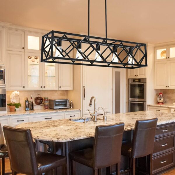 BONLICHT ‎Transitional 5 Light Farmhouse Chandelier Industrial Large Black Kitchen Island Linear Pendant Lights Modern Rectangle Dining Room Lighting Fixtures Hanging Metal Cage Ceiling Lamp for Bar - Image 5