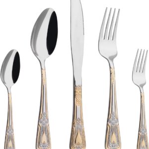 Silverware Set Limited Edition – 20 Piece Flatware Set – Cutlery Set for 4 – Silver Tableware Set w/Gold Accents – Great for Family Gatherings & Daily Use – Spoons, Knives, Teaspoons, Forks(Medallion)