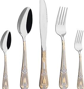 Silverware Set Limited Edition – 20 Piece Flatware Set – Cutlery Set for 4 – Silver Tableware Set w/Gold Accents – Great for Family Gatherings & Daily Use – Spoons, Knives, Teaspoons, Forks(Medallion)