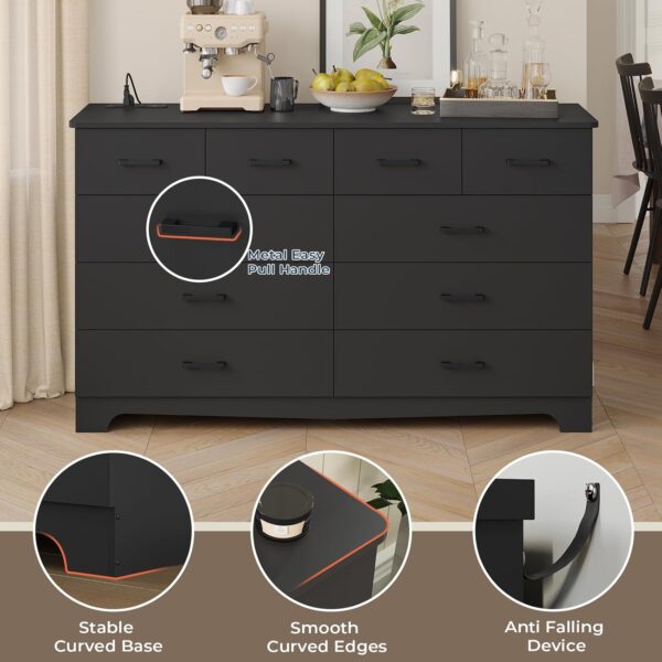 DICTAC Black Bedroom Dresser with 10 Drawers, Large Chest of Drawers Storage Organizer, Long Dresser TV Stand with Power Outlets, Wide Dresser for Bedroom, Living Room (55.1" W x 32.3" H x 15.8" D) - Image 5