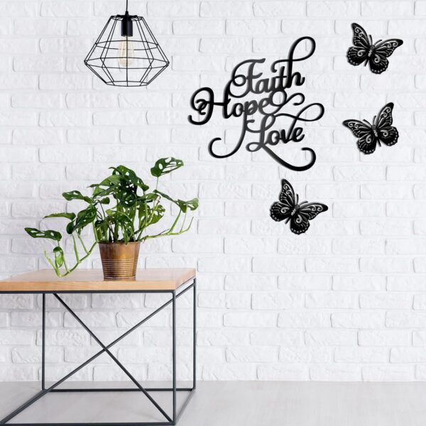 Metal Wall Art Decor Set 4 Pieces Rustic Black Love Signs for Home Decor Vintage Metal Butterflies Inspirational Metal Butterfly Wall Decorations Faith Hope Love Black Metal Sign for Home Decor - Image 7