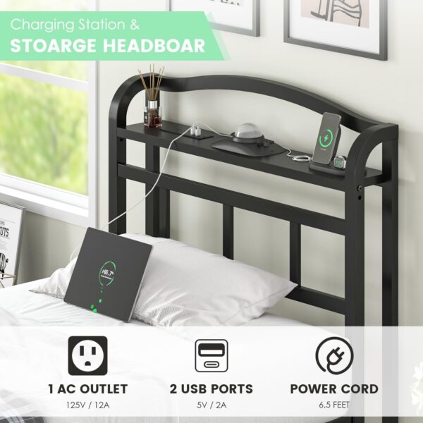 Twin Size Bed Frame - Storage Headboard with Galaxy Aurora Star Projector & Charging Station, 18in Heavy Duty Metal Bed Frame No Box Spring Needed, Easy Assembly - Image 4