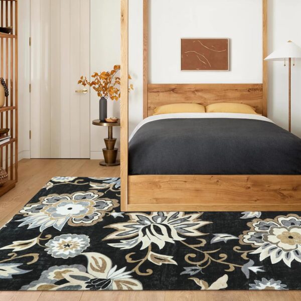 Lahome Floral Black Rug for Living Room - Washable 5 x 7 Area Rugs for Bedroom Non-Slip Ultra-Thin Large Rug Stain Resistant Dining Room Rugs, Paisley Print Accent Rugs Carpet for Office Kitchen - Image 3