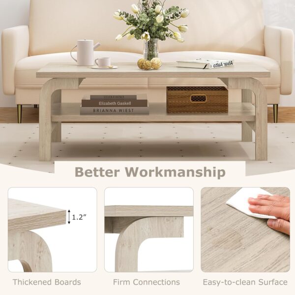 Giantex 2-Tier Coffee Table with Storage, 47” Mid Century Rectangle Accent Table with Open Shelf, Large Tabletop & Curved Legs, Rustic Style Wood Cocktail Table, Center Table for Living Room, Natural - Image 3