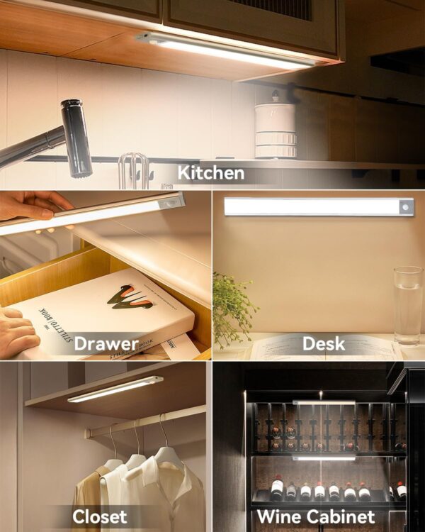 90LED Motion Sensor Under Cabinet Light,Closet Lights 3 Color Temperature&Stepless Dimming,Wireless Rechargeable 2200mAh Battery,Magnetic Closet Lighting for Kitchen,Bedroom,Cupboard,Stairs,2 Pack - Image 6